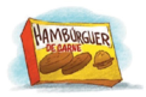 Imagem: Ilustração. Uma caixa retangular com desenhos de lanches e a informação: HAMBÚRGUER DE CARNE. Fim da imagem.