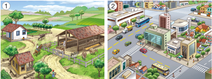Imagem: Ilustração 1. No centro há bois em um celeiro e um homem montado em um cavalo. Ao lado, duas casas, pessoas, árvores e uma horta. Ao fundo, um lago e plantações.  Ilustração 2. Vista aérea de uma cidade com ruas asfaltadas, veículos, prédios, árvore, pessoas e casas.   Fim da imagem.