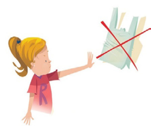 Imagem: Ilustração. Uma menina loira com cabelo preso está com as sobrancelhas franzidas e com a mão esquerda espalmada. Na frente dela há um X vermelho sobre uma sacola de plástico. Fim da imagem.