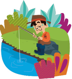 Imagem: Ilustração. Um homem com chapéu, blusa, calça e botas está suando, sentado em uma pedra e segurando uma vara de pescar dentro de um rio. Ao fundo, plantas. Fim da imagem.