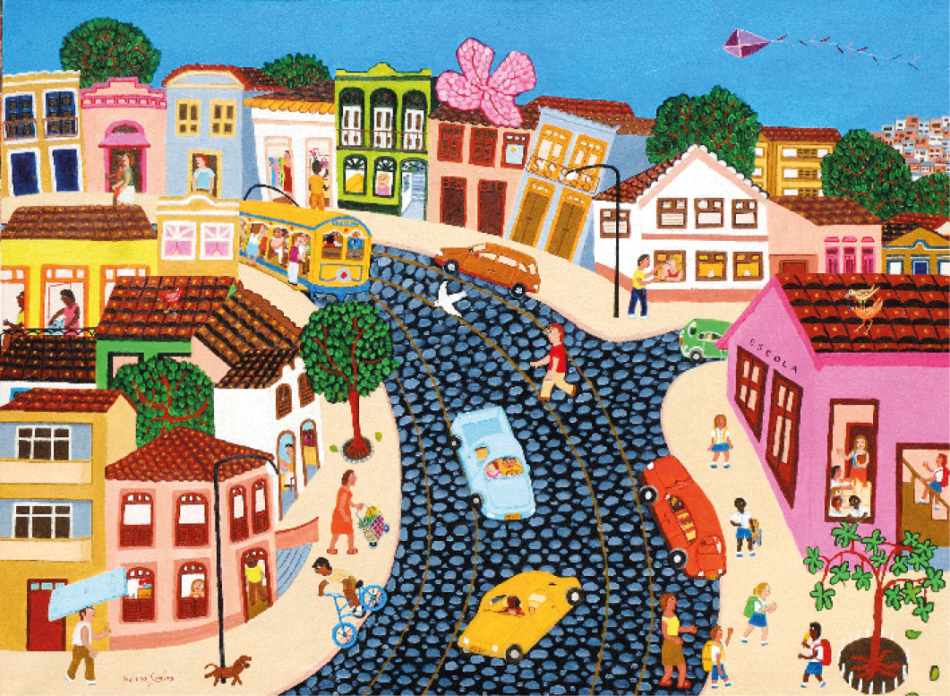 Imagem: Pintura. À esquerda há casas coloridas, árvores e pessoas andando em uma calçada. No centro há carros e um bonde em uma rua de pedras. À direita há crianças com uniforme em volta e dentro de uma escola. Atrás há construções coloridas e pessoas. Em volta há pipas coloridas no céu e pássaros voando. Fim da imagem.