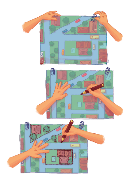 Imagem: Ilustração. Uma mão esquerda está segurando um papel transparente sobre um mapa. E uma mão direita está segurando um clipe sobre eles.  Ilustração. A mão esquerda está sobre o mapa e a mão direita está segurando um lápis sobre ele. Na parte superior há dois clipes.  Ilustração. A mão esquerda está sobre o mapa e a mão direita está desenhando as casas e ruas do mapa.  Fim da imagem.