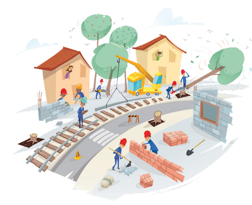 Imagem: Ilustração. Vários homens com uniforme azul e capacete de proteção vermelho. À esquerda, dois homens estão construindo um muro de tijolos. Atrás deles, uma mulher os observa atrás de uma janela de uma casa. Ao lado, um homem está segurando um motosserra ao lado de árvores. Em seguida, uma pessoa observa na janela de outra casa. Na frente da casa, dois homens estão cortando uma árvore e ao lado há um guindaste. No centro, um homem está segurando uma prancheta sobre um trilho. Ao lado, dois homens estão construindo um muro de tijolos. Fim da imagem.
