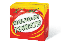 Imagem: Ilustração. Uma caixa vermelha com desenhos de tomates e a informação: MOLHO DE TOMATE. Fim da imagem.