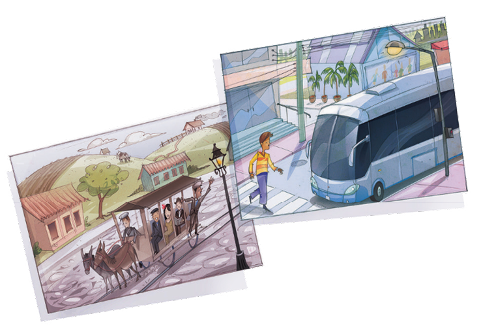 Imagem: Ilustração. À esquerda, fotografia de pessoas sentadas em um bonde, puxado por dois burros. Ao fundo, algumas casas, árvores e morros. À direita, fotografia de um homem atravessando uma rua sobre a faixa de pedestres e ao seu lado há um ônibus parado. Ao fundo, casas e vasos com plantas. Fim da imagem.