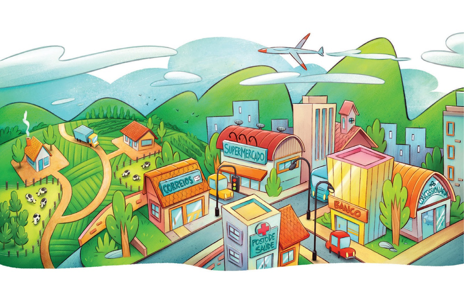 Imagem: Ilustração. À direita, bairro com correios, supermercado, posto de saúde e banco. Entre eles há casas, ruas, carros e árvores. À esquerda, casas entre plantações e pastos. Ao fundo, morros e acima, um avião voando no céu. Fim da imagem.