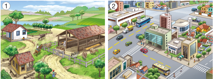 Imagem: Ilustração 1. No centro há bois em um celeiro e um homem montado em um cavalo. Ao lado, duas casas, pessoas, árvores e uma horta. Ao fundo, um lago e plantações.  Ilustração 2. Vista aérea de uma cidade com ruas asfaltadas, veículos, prédios, árvore, pessoas e casas.   Fim da imagem.
