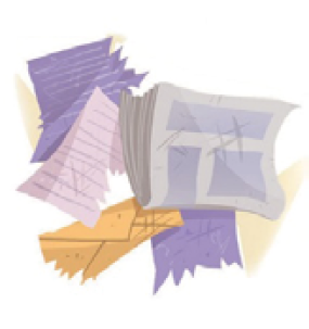 Imagem: Ilustração: Papéis rasgados e um jornal amassado.  Fim da imagem.