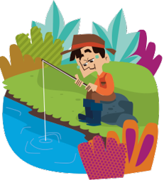Imagem: Ilustração. Um homem com chapéu, blusa, calça e botas está suando, sentado em uma pedra e segurando uma vara de pescar dentro de um rio. Ao fundo, plantas. Fim da imagem.