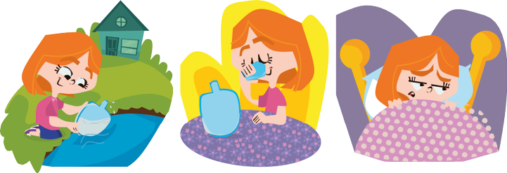 Imagem: Ilustração. Uma menina ruiva com camiseta rosa, calça azul e tênis roxo está ajoelhada ao lado de um lago e enchendo uma garrafa com água. Ao fundo, uma casa e plantas.  Ilustração. A menina está sorrindo, segurando um copo e bebendo água. Na frente dela, a garrafa com água sobre uma mesa.  Ilustração. A menina está deitada na cama com um cobertor sobre o corpo.  Fim da imagem.