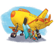 Imagem: Ilustração. Três pessoas estão enfileiradas e subindo uma escada, que está ao lado de um avião.  Fim da imagem.