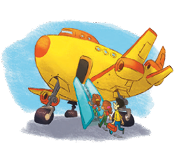 Imagem: Ilustração. Três pessoas estão enfileiradas e subindo uma escada, que está ao lado de um avião.  Fim da imagem.