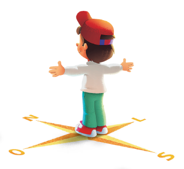 Imagem: Ilustração. Um menino está de costas, sobre uma rosa dos ventos e com os braços abertos. Na frente dele, a letra N e ao fundo, prédios. À direita, a letra L, o mar e o sol. Atrás dele, a letra S e a orla da praia. À esquerda, a letra O e a areia da praia.  Fim da imagem.