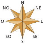 Imagem: Ilustração. Rosa dos ventos, estrela dourada com oito pontas. Na parte superior, a letra N, em seguida, as letras NE. À direita, a letra L, abaixo, as letras SE. Na parte inferior, a letra S. À esquerda, as letras SO e em seguida, a letra O. Acima, as letras NO.  Fim da imagem.