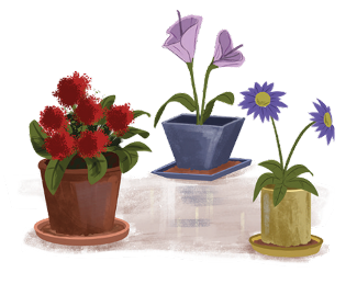 Imagem: Ilustração. Três vasos com flores coloridas e areia.  Fim da imagem.