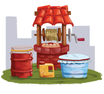 Imagem: Ilustração. Um barril, um galão, uma caixa d’água e um poço, todos com tampa.  Fim da imagem.