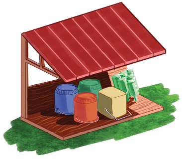 Imagem: Ilustração. Quatro baldes e várias garrafas estão viradas de cabeça para baixo e acima há um telhado.  Fim da imagem.