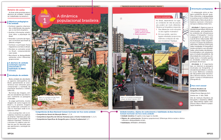 Imagem: Ilustração. Exemplifica como será página de conteúdo do livro. Página dupla composta por textos, imagens e conteúdo para o professor. Fim da imagem.