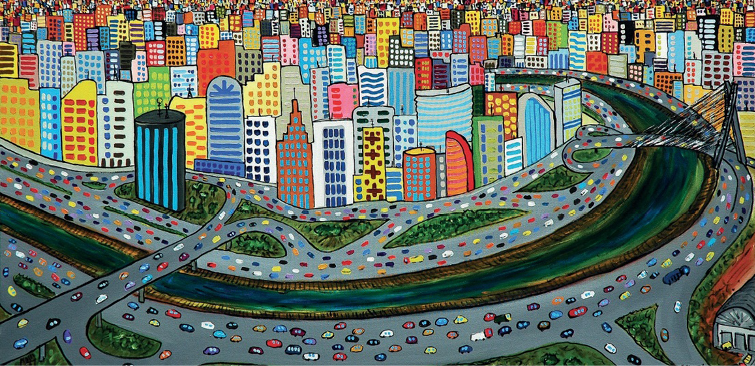 Imagem: Pintura. No centro há um rio com água escura e em volta, vários automóveis coloridos sobre ruas asfaltadas. Ao fundo, vários prédios coloridos.   Fim da imagem.