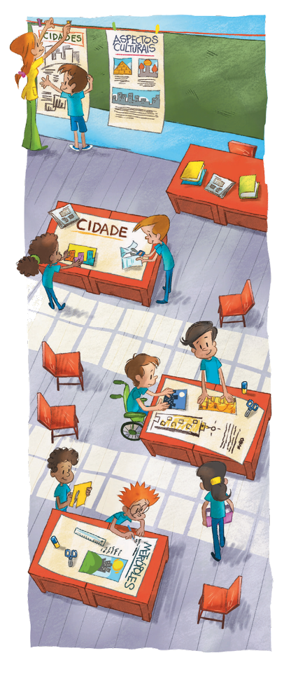 Imagem: Ilustração. Vista aérea de uma sala de aula. Na parte inferior, alunos com uniforme azul estão montando cartazes com textos e imagens. Na parte superior, uma professora e um aluno estão pendurando cartazes na lousa. Fim da imagem.