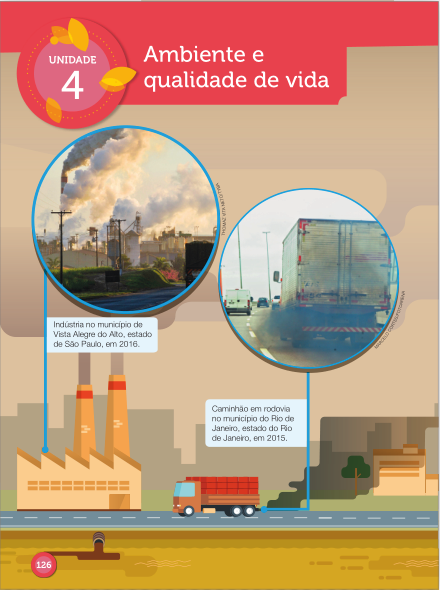 Imagem: Infográfico. Na parte inferior, ilustração de um rio com água escura. Nas laterais há esgotos despejando líquido marrom. Atrás há um caminhão andando sobre uma rua e soltando fumaça escura. Ao fundo, à esquerda, uma fábrica com chaminés expelindo fumaça preta. Em seguida, casas com lixo espalhado na calçada e à direita, uma plantação. Na parte superior, destaques de fotografias.  Foto 1. Fábricas com muita fumaça em volta. Foto 2. Um caminhão soltando fumaça preta.   Fim da imagem.