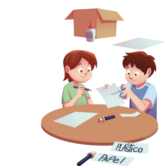 Imagem: Ilustração. Um menino está cortando um papel com uma tesoura. Ao lado, outro menino está segurando um lápis e observando. Na frente deles há papéis e canetas sobre uma mesa. Atrás deles há uma caixa de papelão, um tubo de cola e um papel. Na frente deles há papéis cortados com textos: papel e plástico. Em seguida há caixas com papéis colados e as informações, da esquerda para a direita: plástico, papel, metal e vidro.  Fim da imagem.