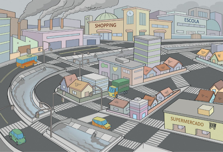 Imagem: Ilustração. Vista aérea de um rio sinuosos com água escura. Em volta há automóveis em ruas, casas e estabelecimentos. Ao fundo, uma fábrica com chaminés expelindo fumaça preta.  Fim da imagem.