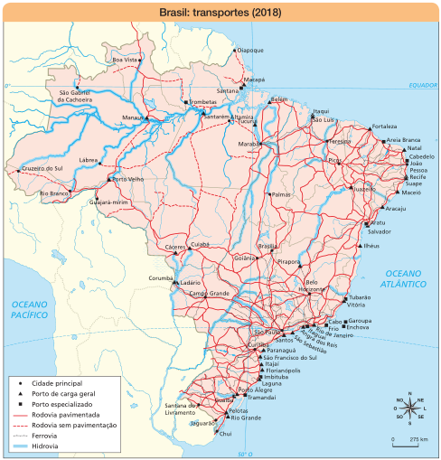 Imagem: Mapa. Brasil: transportes (2018).  Cidade principal: Cruzeiro do Sul, Rio Branco, Lábrea, Guajará-mirim, São Gabriel da Cachoeira, Boa Vista, Oiapoque, Altamira, Marabá, Palmas, Teresina, Picos, João Pessoa, Brasília, Goiânia, Campo Grande, Belo Horizonte, São Paulo, Curitiba, Santana do Livramento, Jaguarão, Chuí.  Porto de carga geral: Manaus, Porto Velho, Macapá, Santarém, Tucuruí, Belém, Itaqui, São Luís, Fortaleza, Natal, Recife, Suape, Maceió, Aracaju, Juazeiro, Salvador, Ilhéus, Pirapora, Cuiabá, Cáceres, Corumbá, Ladário, Tubarão, Vitória, Rio de Janeiro, Angra dos Reis, São Sebastião, Santos, Paranaguá, Pirapora, São Francisco do Sul, Itajaí, Florianópolis, Imbituba, Laguna, Porto Alegre, Pelotas, Rio Grande.  Porto especializado: Santana, Trombetas, Areia Branca, Cabedelo, Aratu, Garoupa, Enchova, Cabo Frio, Itaguaí, Imbituba, Tramandaí, Guaíba.  Rodovia pavimentada:  maior concentração na região Nordeste, Sudeste e Sul.  Rodovia sem pavimentação: regiões Norte e Centro-Oeste.  Ferrovia: maior concentração na região Nordeste, Sudeste e Sul.  Hidrovia: maior concentração na região Norte, Nordeste e Sudeste.  No canto inferior direito, a rosa dos ventos (N, NE, L, SE, S, SO, O, NO) e a escala de 0 a 275 km.  Fim da imagem.
