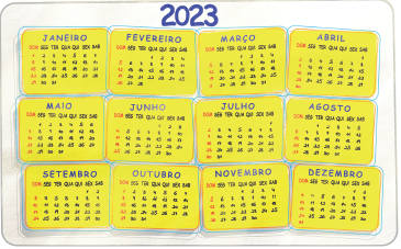 Imagem: Ilustração. Calendário de 2023 com doze meses sequenciais. Janeiro inicia no dia 1 e termina no dia 31. Fevereiro inicia no dia 1 e termina no dia 28. Março inicia no dia 1 e termina no dia 31. Abril inicia no dia 1 e termina no dia 30. Maio inicia no dia 1 e termina no dia 31. Junho inicia no dia 1 e termina no dia 30. Julho inicia no dia 1 e termina no dia 31. Agosto inicia no dia 1 e termina no dia 31. Setembro inicia no dia 1 e termina no dia 30. Outubro inicia no dia 1 e termina no dia 31. Novembro inicia no dia 1 e termina no dia 30. Dezembro inicia no dia 1 e termina no dia 31. Fim da imagem.