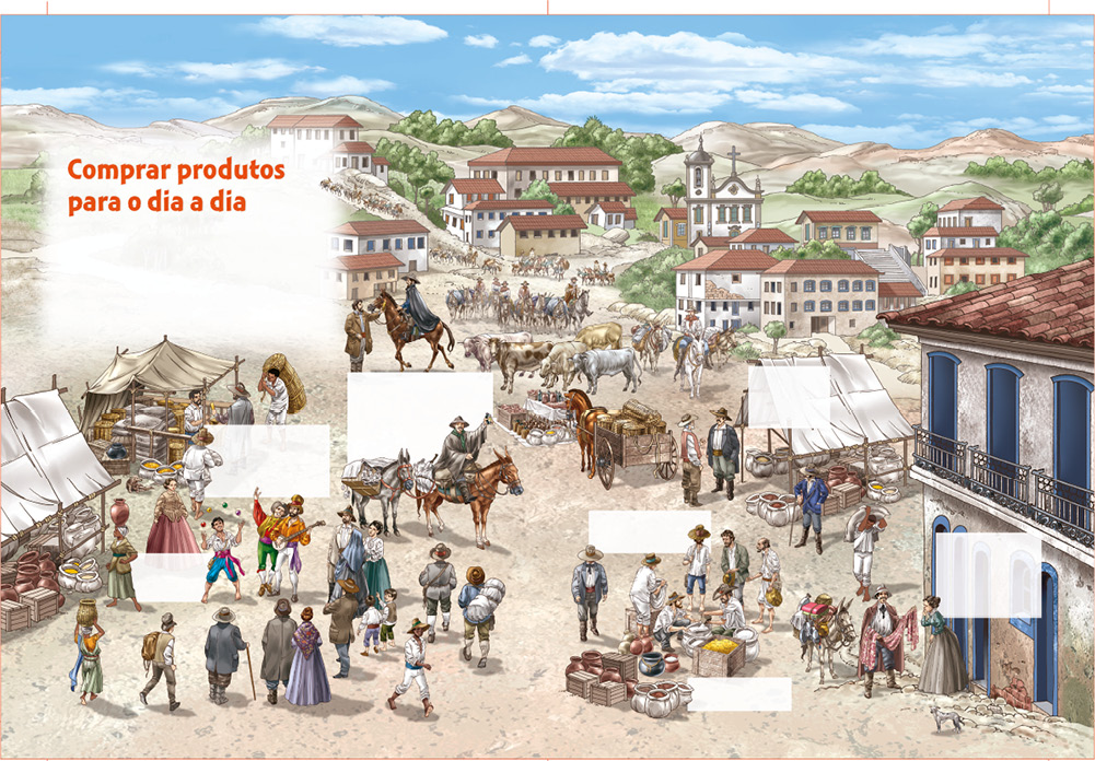 Imagem: Ilustração complementar das páginas 62 e 63. Ilustração. Vista superior de praça de cidade com pessoa em roupas de época. Há pessoas em atividades diversas. Espalhados há barracas de comerciantes com produtos expostos. Há homens tocando instrumentos e fazendo malabaristas com roupas coloridas e pessoas os observando. Há homens em cavalos carregando caixas e malas, e carroças puxadas por valados. Ao fundo há homens de cavalo seguindo trilha enfileirados. Fim da imagem.