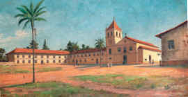 Imagem: Ilustração. Casarão em forma de L. Na parte da direita há uma torre retangular com telhado triangular. Na frente há um pátio de terra aberto com poucos coqueiros. Fim da imagem.