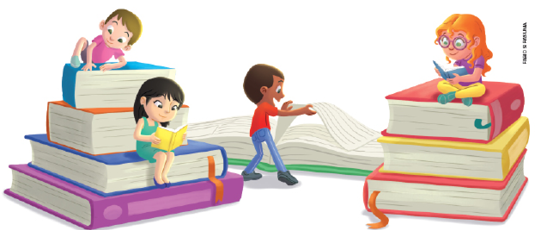 Imagem: Ilustração. Dois meninos e duas meninas entre livros grandes maiores que as crianças. Fim da imagem.