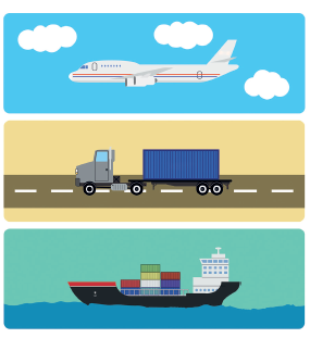 Imagem: Ilustração. Avião branco com faixas finas vermelhas e azuis horizontais sobre a parte lateral, sobrevoando o céu. Ilustração. Caminhão cinza com um container azul, andando na estrada. Ilustração. Navio preto com containers coloridos no interior, navegando sobre o mar.  Fim da imagem.