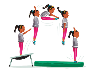 Imagem: Ilustração. Uma criança, com cabelo preso, camisa cinza e calça rosa, pega impulso em um pula-pula para um colchão. Ao saltar do pula-pula, estica as mãos para cima, depois estica as pernas para frente e, com as mãos, encosta nas ponta dos pés, depois estica novamente o corpo e chega ao colchão.   Fim da imagem.
