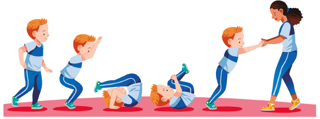 Imagem: Ilustração em sequência. À esquerda, uma criança, com cabelo laranja, camisa e calça azul e tênis verde, está em pé. Dobra os joelhos e estica os braços. As costas estão no chão e os pés sobre a cabeça. Os joelhos ficam encolhidos perto do peito e com a mão ele segura. Levanta e dá as mãos para uma menina com cabelo preso e roupa azul.  Fim da imagem.