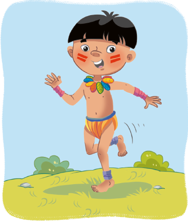Imagem: Ilustração. Menino indígena, com cabelo preto, duas linhas vermelhas pintadas nas bochechas, sem camisa, um colar de folhas e uma tanga amarela. Está com a perna direita levantada para trás, e os braços inclinados. O ambiente está ensolarado, a grama é curta e, ao fundo, o céu.  Fim da imagem.