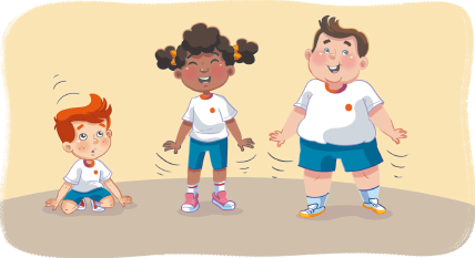 Imagem: Ilustração. À esquerda, um menino de cabelo laranja está sentado no chão. No centro, uma menina com cabelo encaracolado e preso em maria-chiquinha está em pé, os braços estão para baixo e ela sorri. À direita, um menino de cabelo castanho e curto está em pé, os braços para baixo e ele sorri.  Fim da imagem.