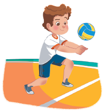 Imagem: Ilustração. Um menino, com cabelo castanho, vestindo camiseta branca e bermuda azul, está com os joelhos dobrados, os braços esticados para frente e as mãos fechadas. À frente da mão dele, há uma bola amarela e azul.  Fim da imagem.