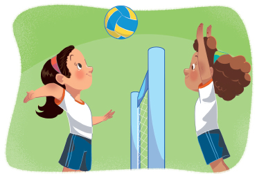 Imagem: Ilustração. À esquerda, há uma menina, vestindo camiseta branca e bermuda azul, está com o braço direito inclinado atrás da cabeça, a palma da mão aberta e olha para uma bola amarela e azul que está no alto. À frente dela, uma rede com borda azul. Do outro lado da rede, outra menina, vestindo camiseta branca e bermuda azul, está com os dois braços levantados para cima.  Fim da imagem.