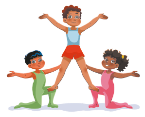 Imagem: Ilustração. À esquerda, uma criança, vestindo roupa verde, está com o joelho esquerdo dobrado e os braços abertos. À direita, outra criança, usando roupa rosa, está com o joelho direito dobrado e os braços abertos. No centro, uma criança, vestindo regata cinza e bermuda vermelha, está em pé, com os pés apoiados no joelho das crianças ao lado.  Fim da imagem.