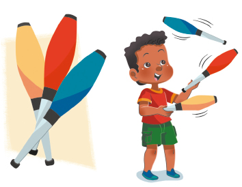 Imagem: Ilustração. À esquerda, ilustração de três claves, objetos finos e com ponta oval colorida, uma amarela, outra vermelha e uma azul. À direita, um menino de cabelo curto, usando camiseta vermelha e bermuda verde, segura duas claves e outra está no ar. Fim da imagem.