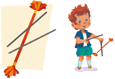 Imagem: Ilustração. À esquerda, ilustração de três bastões, um bastão vermelho com fitas nas pontas e dois bastões cinzas. À direita, um menino vestindo camiseta azul e bermuda verde segura os bastões cinza e equilibra o bastão vermelho.  Fim da imagem.