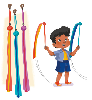 Imagem: Ilustração. À esquerda, ilustração de três barangandões, composto por fitas coloridas, uma bola no meio e um nó na ponta de cima. À direita, um menino de cabelo enrolado, com camiseta e bermuda azul, está com os braços abertos e segura as fitas pelo nó. Fim da imagem.
