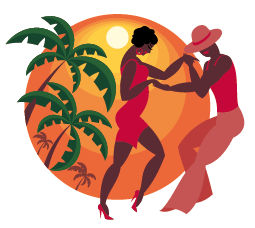 Imagem: Ilustração. À esquerda, uma mulher negra de cabelo preto, usando brincos, vestido e salto alto vermelhos, está na ponta dos pés e os braços dobrados para frente, com as mãos na direção de um homem. O homem é negro, usa chapéu, regata e calça, está com os braços dobrados para frente e com as mãos segura a mulher. Ao fundo, um círculo alaranjado com um sol em cima e árvores ao lado.  Fim da imagem.