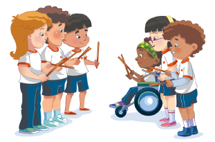 Imagem: Ilustração. Seis crianças dispostas em duas fileiras, uma de frente para a outra. Elas estão segurando, nas duas mãos, paus de madeira.  Fim da imagem.