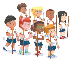 Imagem: Ilustração. Oito crianças, dispostas em duas fileiras uma ao lado da outra, seguram um bastão ao lado do corpo.  Fim da imagem.