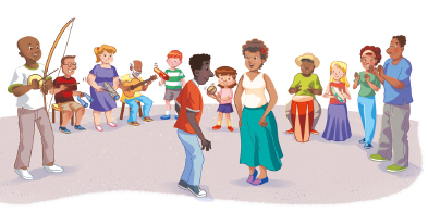 Imagem: Ilustração. No centro, um homem e uma mulher estão nas pontas dos pés e braços ao lado do corpo. Ao redor deles, pessoas seguram instrumentos como berimbau, violão, batuque e algumas estão batendo palmas.  Fim da imagem.