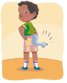 Imagem: Ilustração. Menino, com cabelo curto e encaracolado, vestindo camiseta verde e bermuda amarela, está com as mãos na cintura e na parte traseira de sua bermuda há um lenço branco preso.  Fim da imagem.