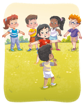 Imagem: Ilustração. Na frente, um menino de cabelo curto usando camiseta amarela e bermuda branca está com os braços dobrados. Na frente dele, uma menina de cabelo comprido e preto usa uma camiseta vermelha e está com os braços abertos. Ao fundo, há quatro crianças, algumas com os braços abertos e outras com os braços dobrados.  Fim da imagem.