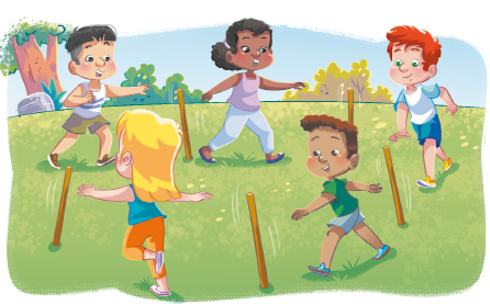 Imagem: Ilustração. Crianças em círculo. Entre cada criança, há um bastão.   Fim da imagem.